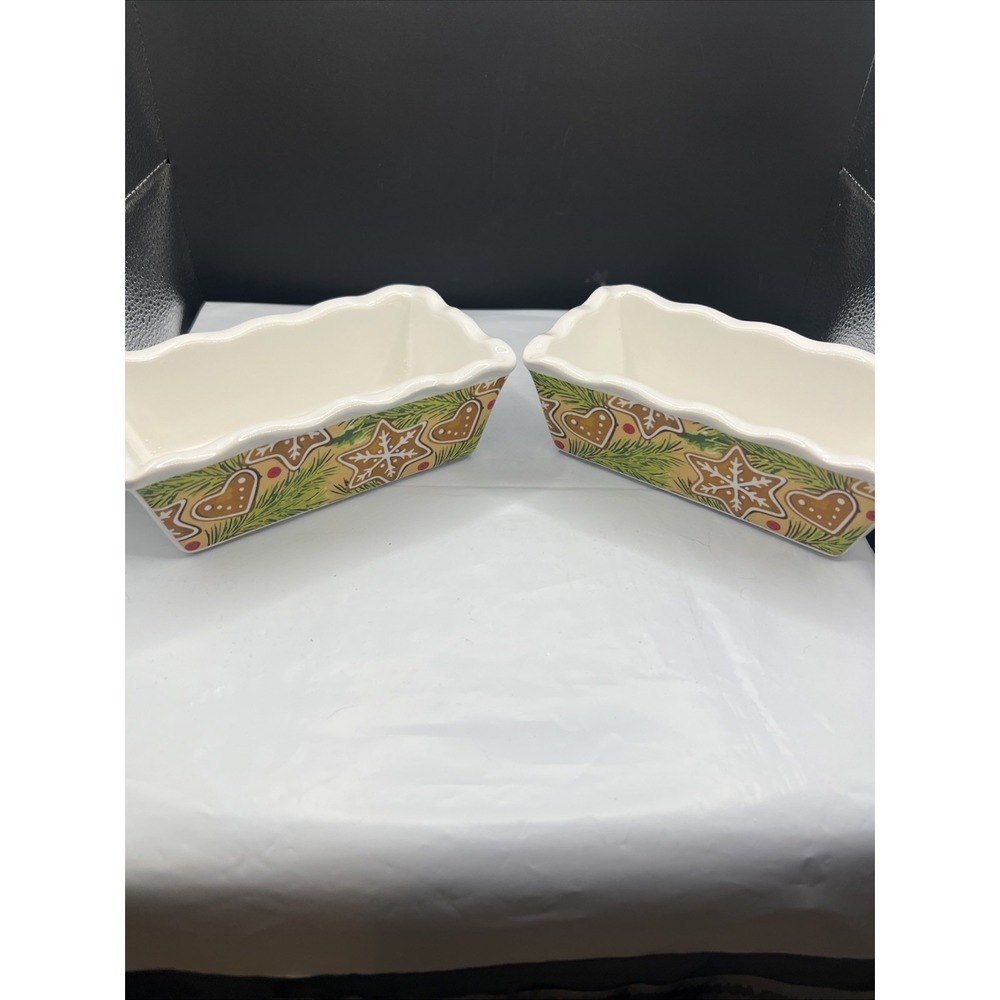 Vintage Old Time Pottery Christmas Gingerbread Mini Loaf Pan Baking Dishes Pair